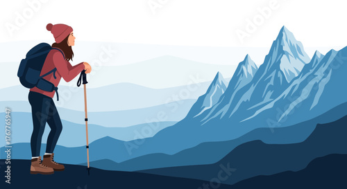 Adventurous Woman Hiking In Mountain Landscape With Stunning Mountain Peaks View