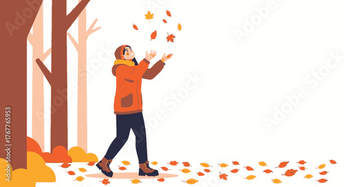 Autumnal Joyful Discovery in The Forest Depicting a Figure Playing with Falling Leaves