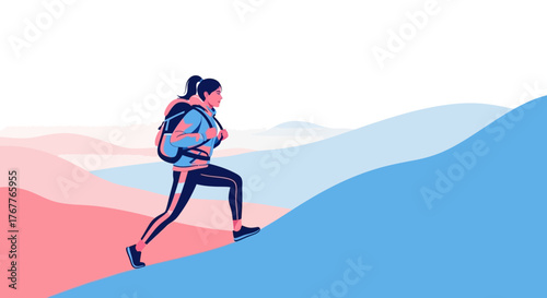 Adventurous Woman Hiking Uphill Over Colorful Mountains Promoting Exploration And Fitness