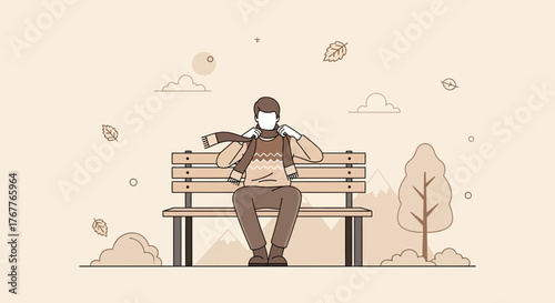 Autumnal Serenity: A Person Bundling Up on a Park Bench Amongst Foliage and Landscapes
