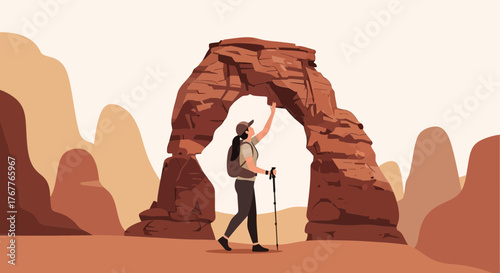 Adventurous Woman Hiking Towards Rock Archway During a Desert Excursion