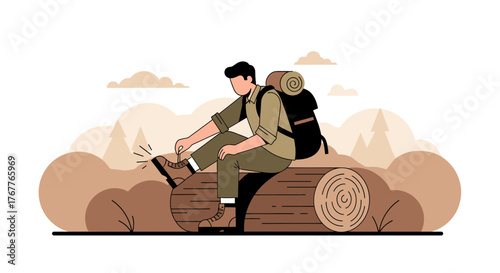 Backpacker Resting While Tying Shoe On Log In The Natural Environment Illustration