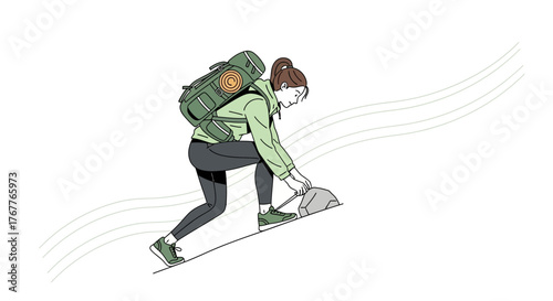 Adventurous Woman Hiking Uphill with Backpack Achieving Progress and Endurance