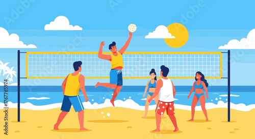 Beach Volleyball Game Illustration: Athletes Playing On Sunny Day With Clear Blue Sky