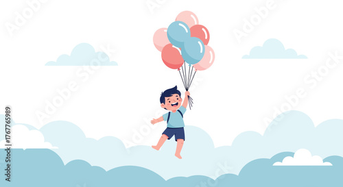 Boy Floating In The Sky Holding A Colorful Bouquet Of Balloons As A Concept