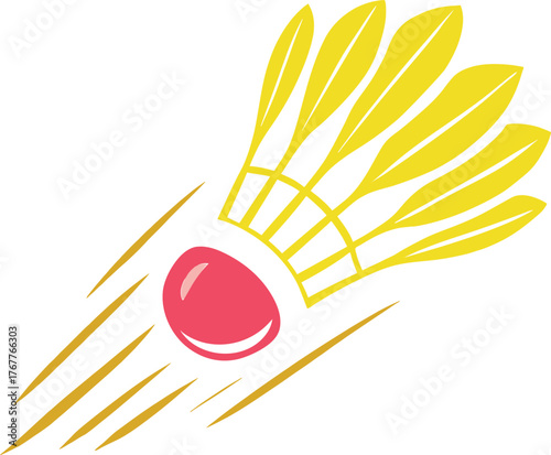 Dynamic badminton shuttlecock in motion with red base and yellow feathers