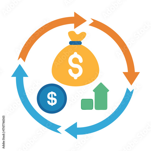 Financial cycle with coins arrows and money bag flat vector illustration