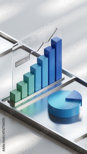 3d bar chart and pie chart showing upward trend and data analysis on a white background