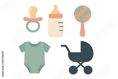 Essential items for newborn babies including pacifier, feeding bottle, rattle, bodysuit, and stroller