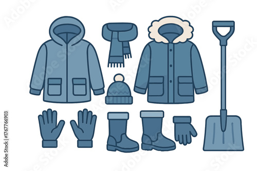 Set of cold weather apparel and equipment featuring parkas, knit hat, scarf, insulated boots, gloves, and a snow shovel
