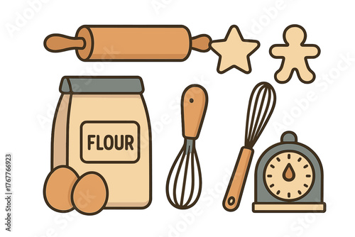 Assortment of baking tools and ingredients like rolling pin, flour, eggs, whisk, and cookie cutters