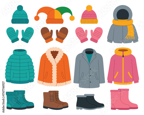 Winter clothes and cold weather accessories vector set featuring knitted hats, scarves, mittens, and woolen socks isolated on white background in cozy seasonal style