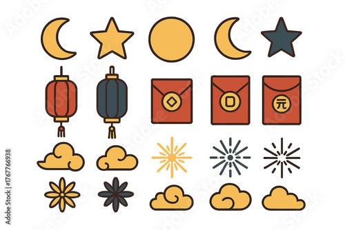 Traditional Asian festival symbols including lanterns, red envelopes, celestial bodies, and fireworks
