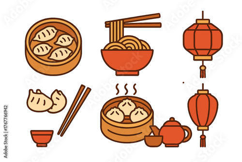 Collection of traditional Asian food items including dim sum, noodles, and festive red lanterns