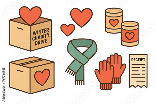Winter charity drive items collection with donation boxes, warm clothing, canned food, and receipt
