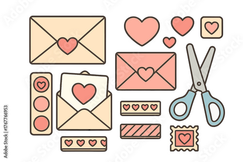 Romantic stationery collection with envelopes hearts stamps and crafting scissors