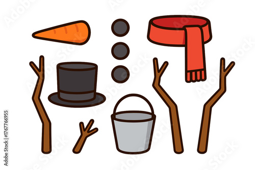 Traditional snowman accessories set: top hat, red scarf, carrot nose, coal buttons, and stick arms