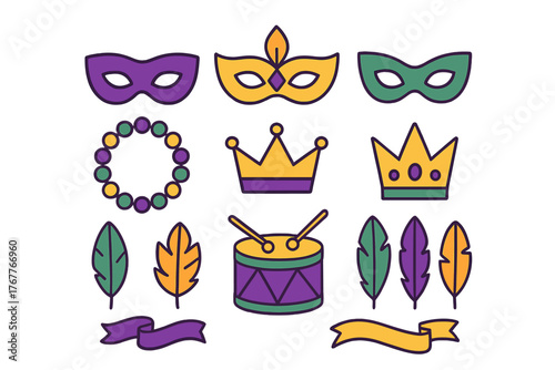 Traditional Mardi Gras carnival celebration elements featuring masks crowns beads feathers drum and ribbons