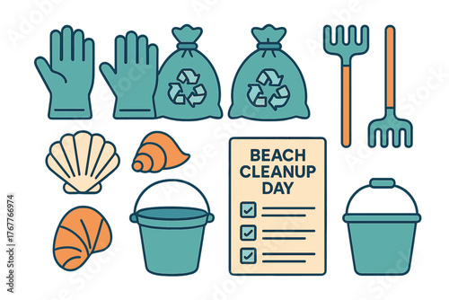 Protective gloves recycling bags rakes buckets and seashells for coastal cleaning