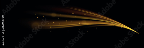 Shine magic gold swirl with flare sparkles. Vector illustration of a burning falling fireball meteor. Curved yellow line light.