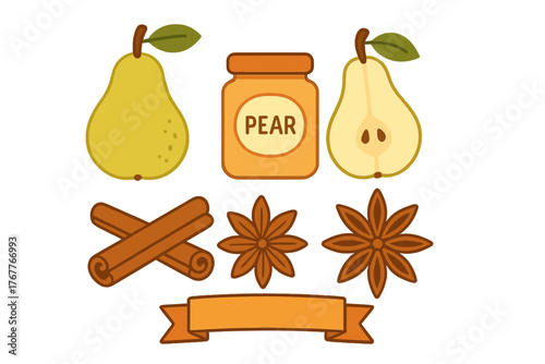 Fresh pears, spiced jam, cinnamon sticks, and star anise arranged as autumn harvest ingredients