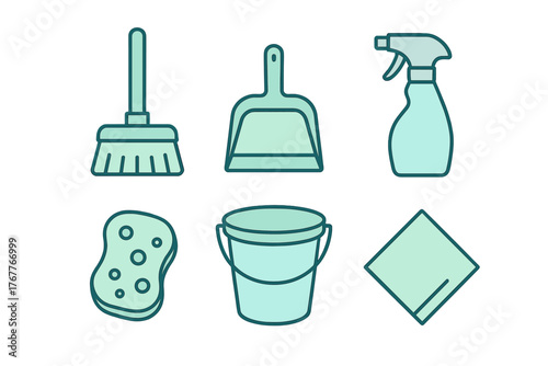 Household cleaning tools and supplies set with broom dustpan bucket and spray bottle