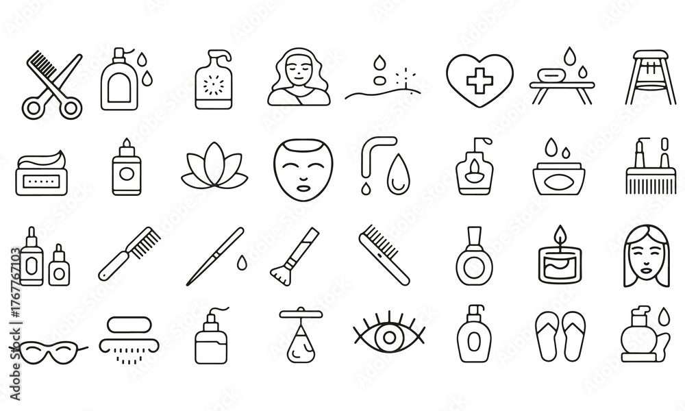 Naklejka premium Beauty and spa line icon set. Collection of cosmetic and wellness icons for web and mobile apps. Includes skincare, massage, serum, hyaluronic acid, anti-aging treatments, pore care, and cosmetology e