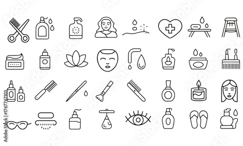 Beauty and spa line icon set. Collection of cosmetic and wellness icons for web and mobile apps. Includes skincare, massage, serum, hyaluronic acid, anti-aging treatments, pore care, and cosmetology e