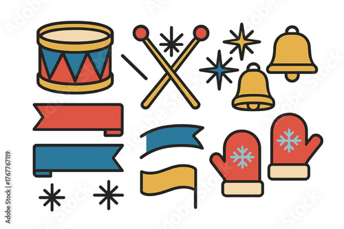 Festive holiday celebration elements including drum, bells, mittens, ribbons, and stars