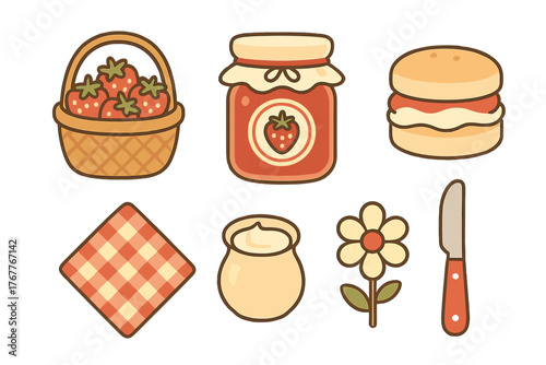 Cute collection of picnic and afternoon tea elements including strawberry jam clotted cream and fresh scones