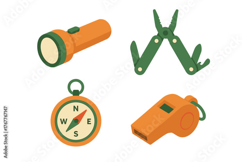 Essential survival and camping equipment including flashlight, compass, multi-tool, and whistle for outdoor adventure