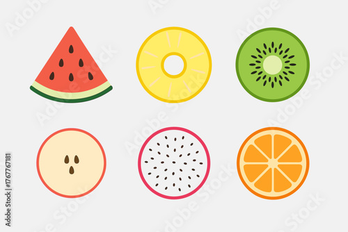 Six colorful tropical and common fruit slices including watermelon and pineapple