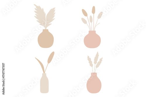 Minimalist set of four dried pampas grass and wheat plants in neutral colored ceramic vases