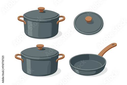 Set of dark gray cooking pots with lids and a frying pan featuring wooden handles isolated on white