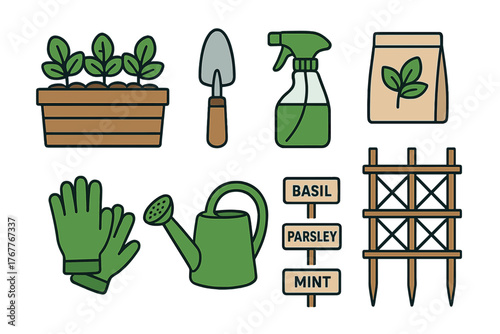 Collection of essential gardening tools and supplies including potted herbs, watering can, gloves, and trowel