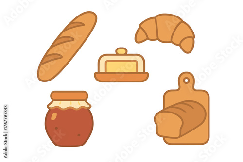 Classic breakfast and bakery items including baguette, croissant, butter, jam, and bread loaf
