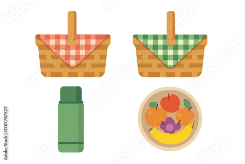 Set of picnic items including two wicker baskets, a thermos flask, and a plate filled with healthy fresh fruit
