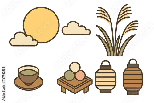 Traditional Japanese Tsukimi Moon Viewing Festival icons with full moon, dango, and pampas grass