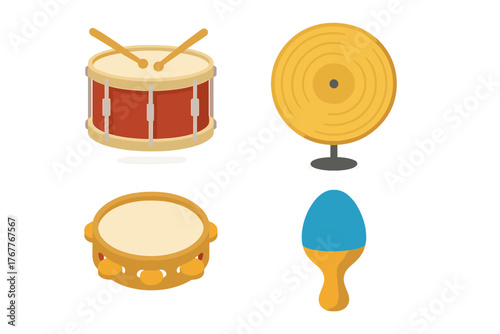 Collection of percussion instruments including a snare drum, cymbal, tambourine, and maraca set