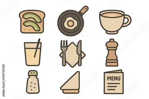 Assortment of breakfast items and restaurant service symbols such as coffee, toast, egg, and cutlery