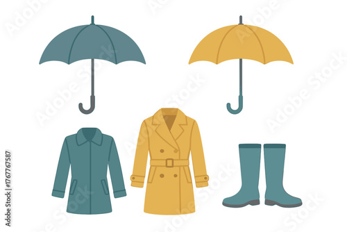 Collection of essential rain gear including two umbrellas, two raincoats, and a pair of rubber boots