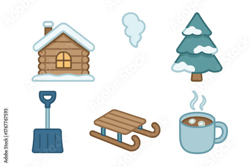 Set of cozy winter elements including snowy cabin pine tree sled shovel and hot chocolate mug