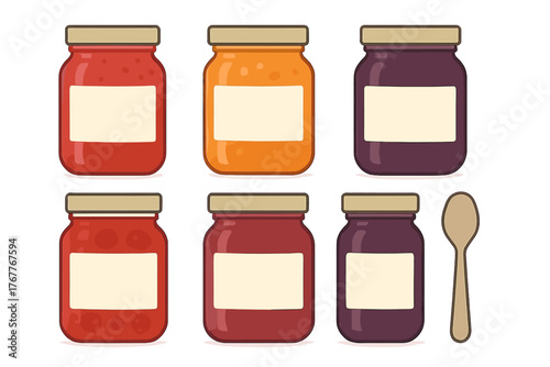 Six colorful jars of fruit jam and preserves with blank labels and wooden spoon
