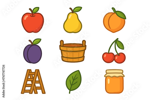 Colorful collection of harvest icons featuring fruits, a wooden bucket, ladder, and jar of honey