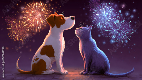 2D illustration of a dog and cat lighting fireworks together for New Year, funny expressions, cartoon background