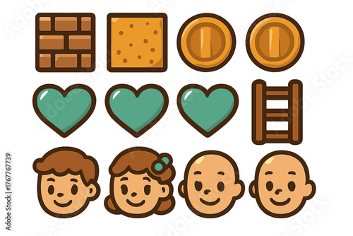 Stylized collection of platformer game assets environment blocks currency and player avatars