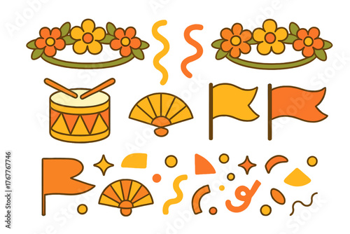 Traditional celebration elements set with floral wreaths, musical drum, hand fans, and party flags