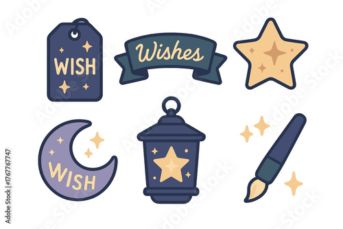 Magical wish elements featuring a glowing star, crescent moon, decorative lantern, tag, and banner
