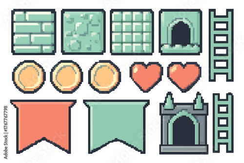Retro video game assets featuring collectible coins hearts banners ladders and ground tiles
