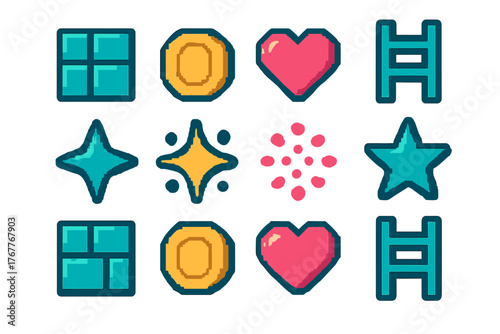 Retro pixel art game assets including heart, coin, ladder, block, and sparkling stars